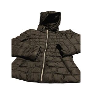 ZARA Black Puffer Hooded Jacket Quilted Full Zip Snap Button Pockets Size M